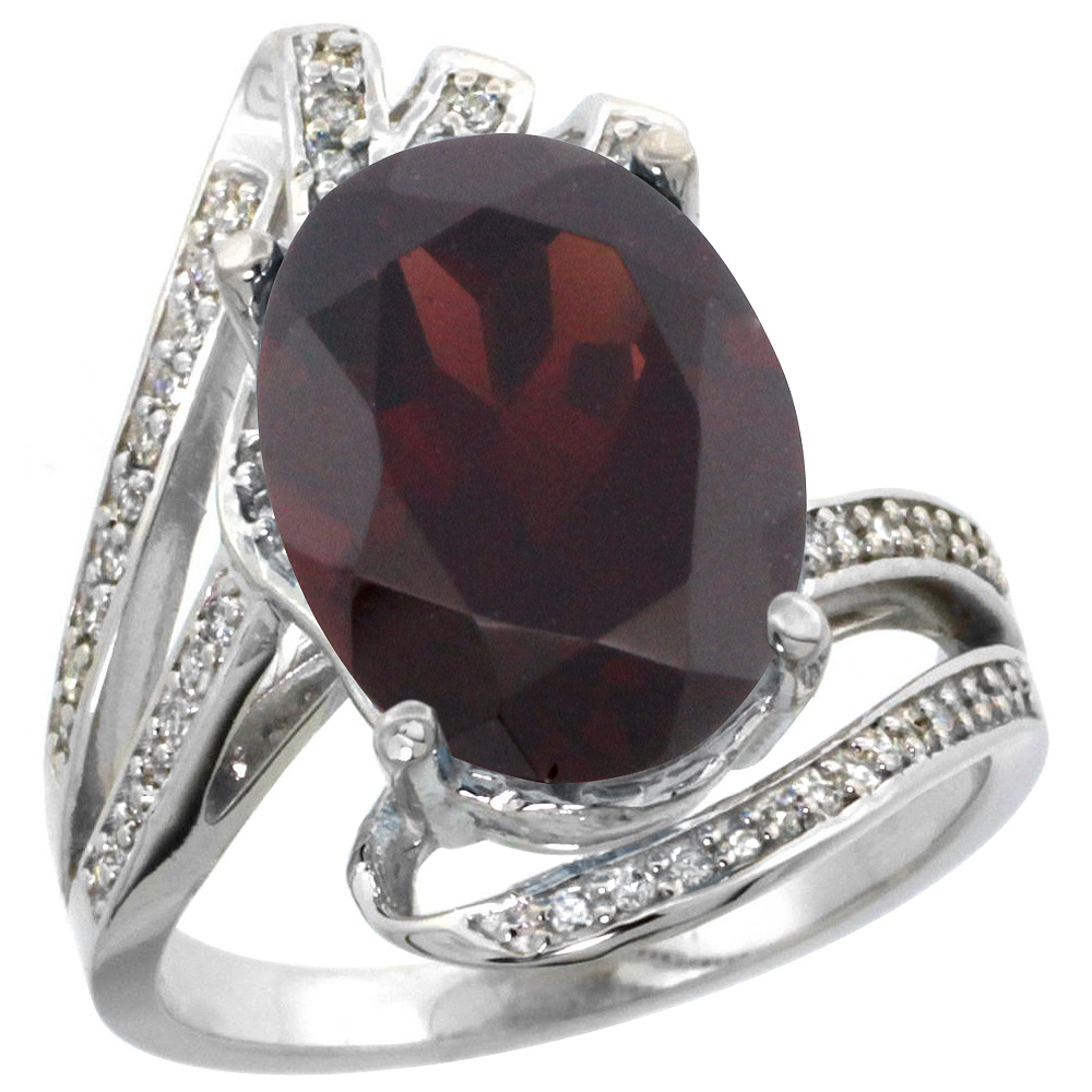 14k White Gold Stone Natural Garnet Bypass Ring Diamond Accents Oval 14x10mm, sizes 5 - 10