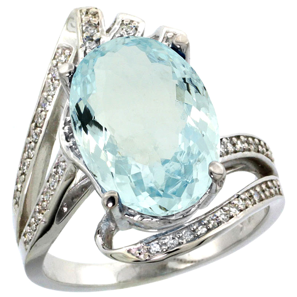 14k White Gold Stone Natural Aquamarine Bypass Ring Diamond Accents Oval 14x10mm, sizes 5 - 10