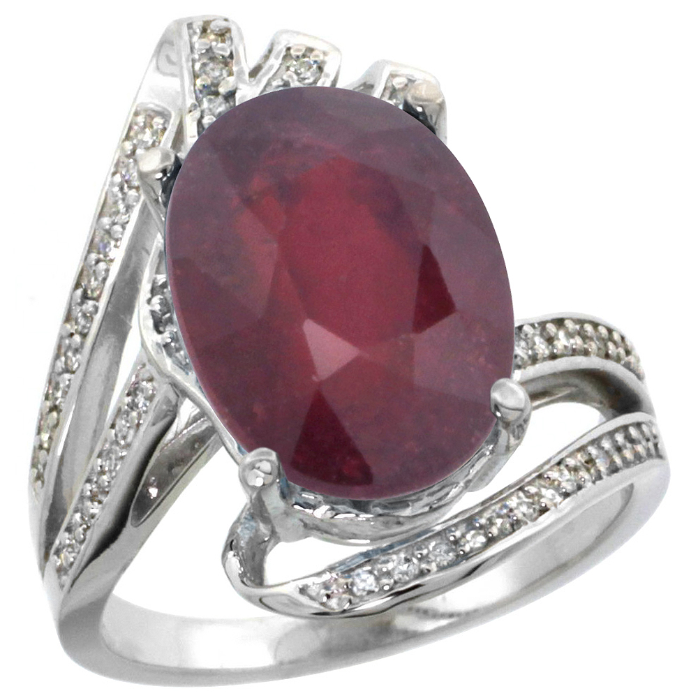 14K WHITE GOLD STONE NATURAL ENHANCED RUBY BYPASS RING DIAMOND ACCENTS OVAL 14X10MM, SIZES 5 - 10