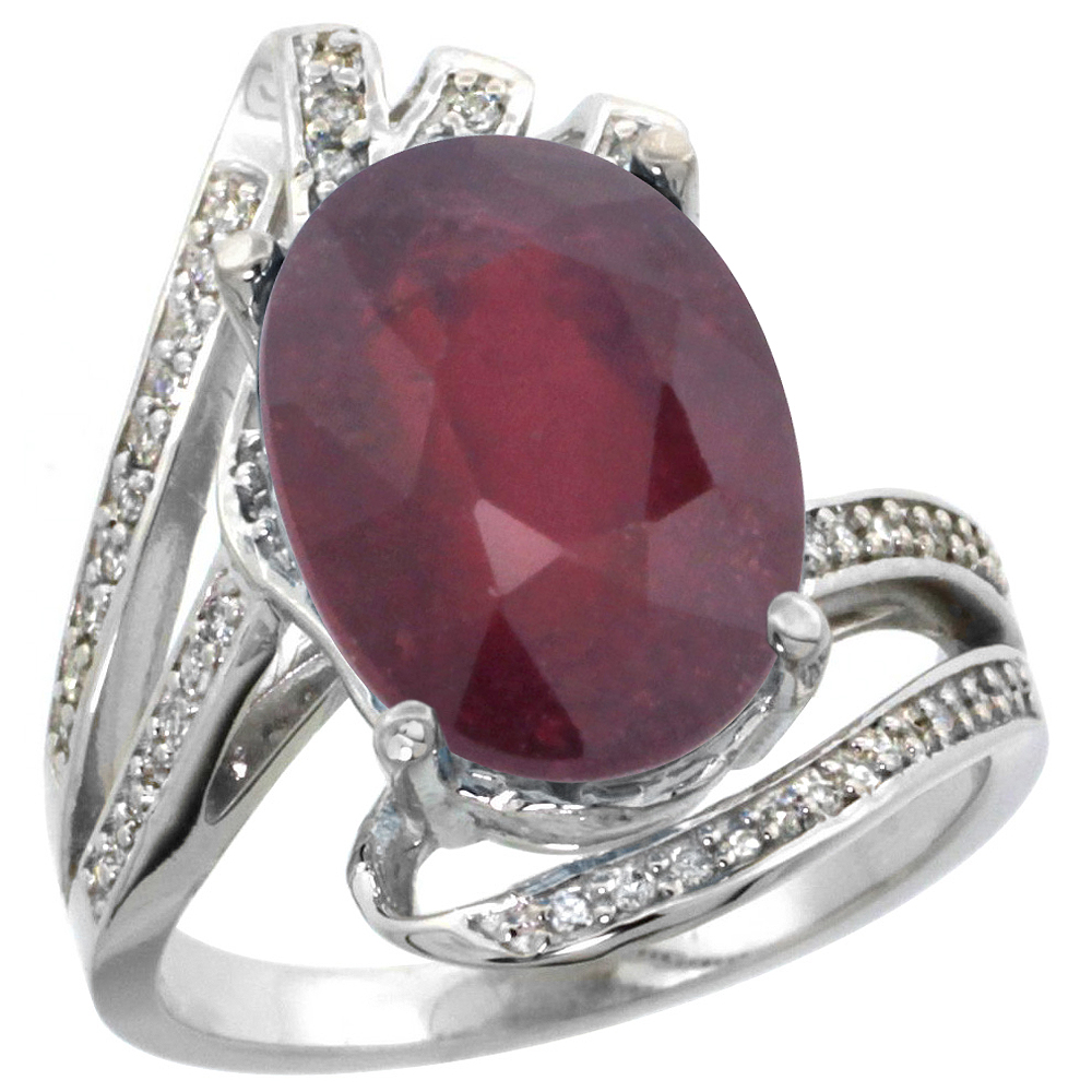 14k White Gold Stone Natural Enhanced Ruby Bypass Ring Diamond Accents Oval 14x10mm, sizes 5 - 10