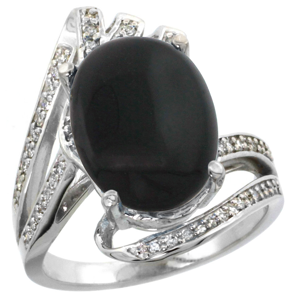14K WHITE GOLD STONE NATURAL BLACK ONYX BYPASS RING DIAMOND ACCENTS OVAL 14X10MM, SIZES 5 - 10