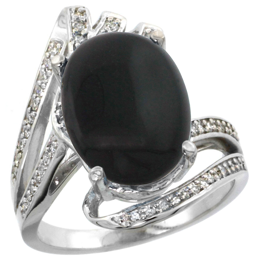 14k White Gold Stone Natural Black Onyx Bypass Ring Diamond Accents Oval 14x10mm, sizes 5 - 10