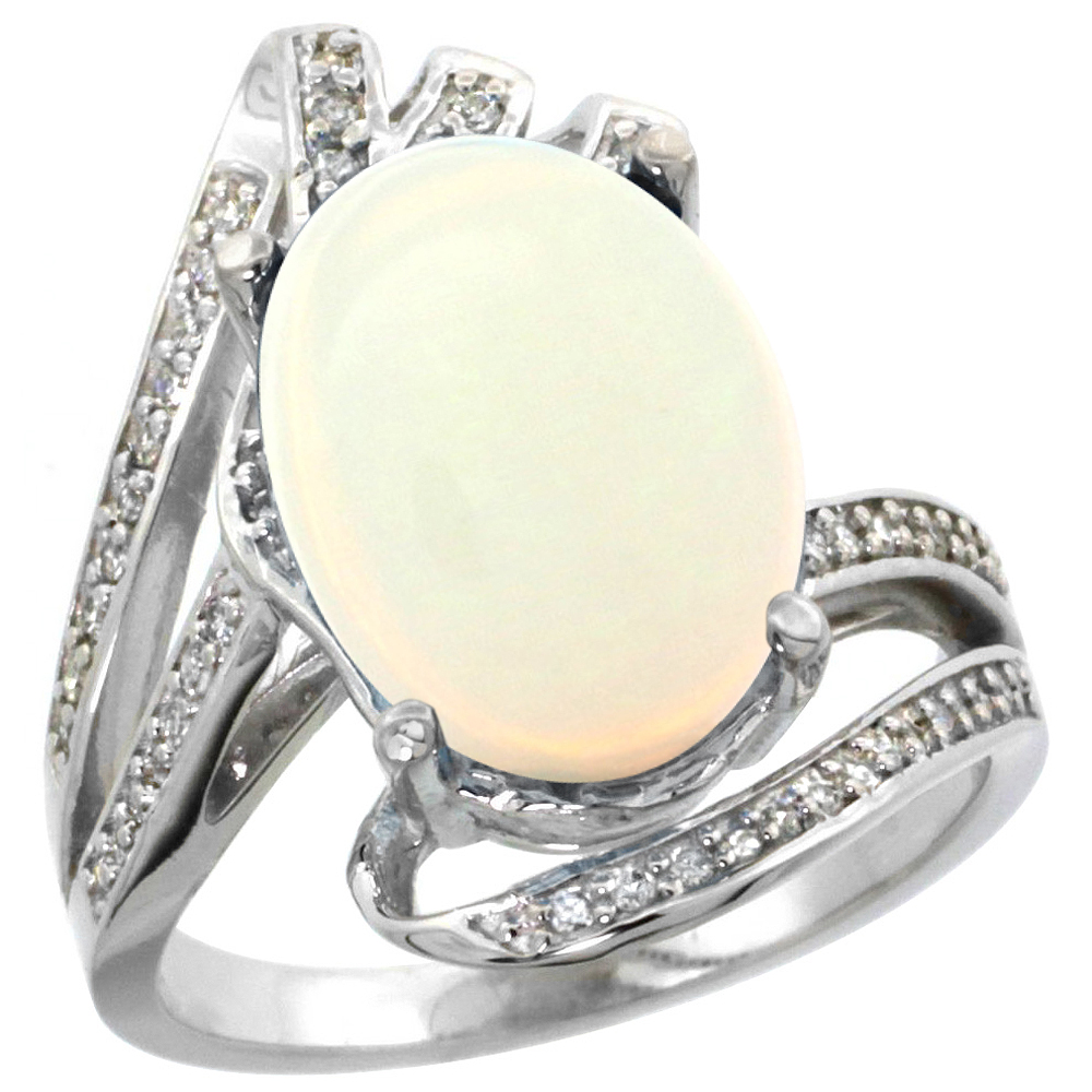 14k White Gold Stone Natural Opal Bypass Ring Diamond Accents Oval 14x10mm, sizes 5 - 10
