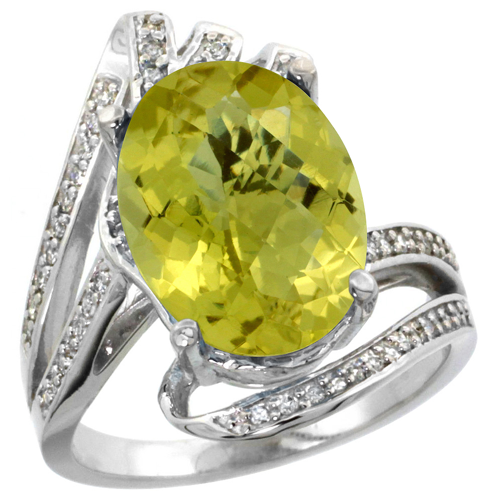 14k White Gold Stone Natural Lemon Quartz Bypass Ring Diamond Accents Oval 14x10mm, sizes 5 - 10