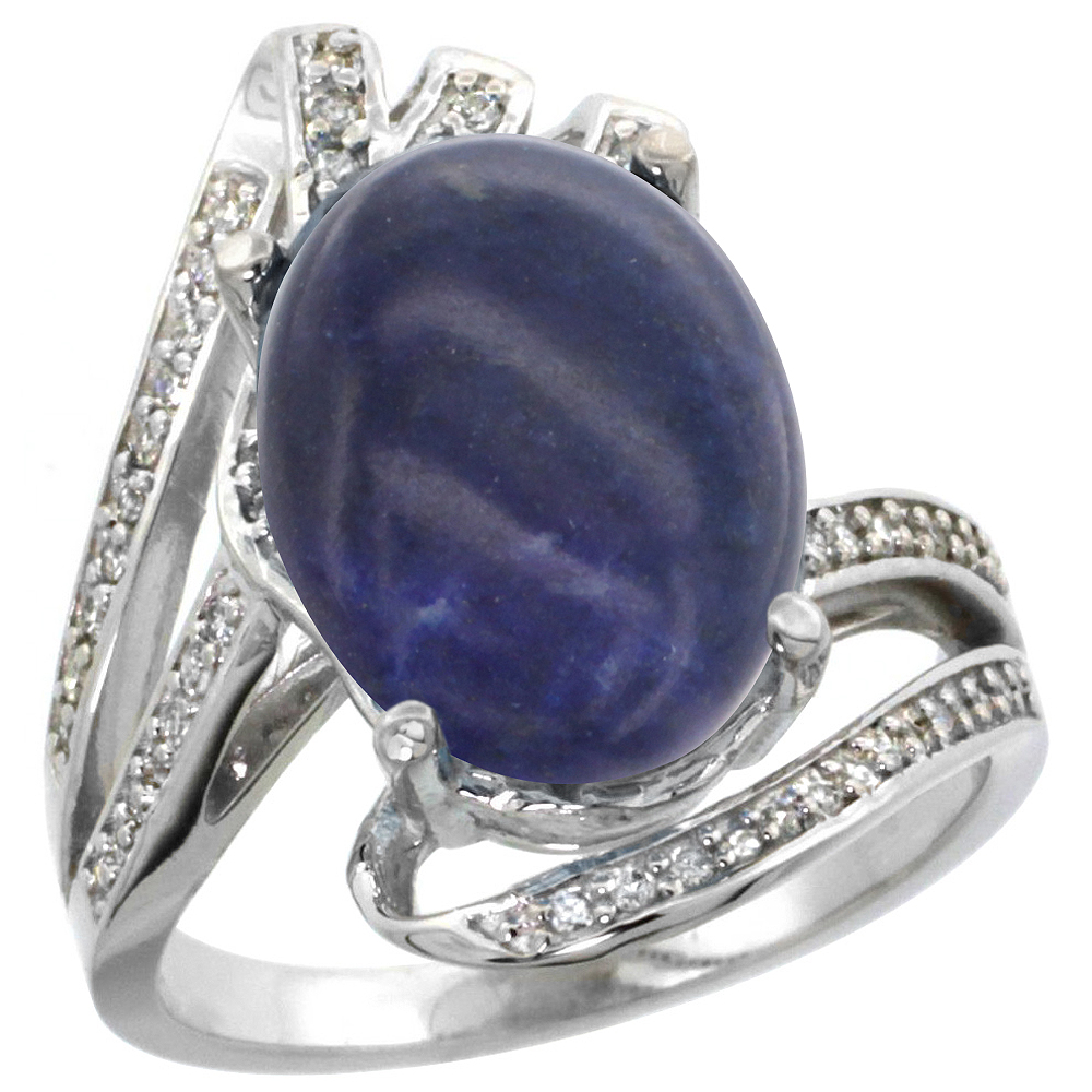 14K WHITE GOLD STONE NATURAL LAPIS BYPASS RING DIAMOND ACCENTS OVAL 14X10MM, SIZES 5 - 10