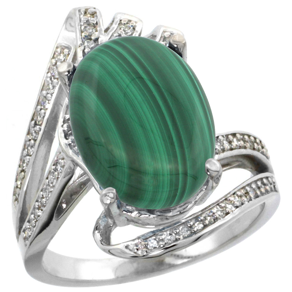 14K WHITE GOLD STONE NATURAL MALACHITE BYPASS RING DIAMOND ACCENTS OVAL 14X10MM, SIZES 5 - 10