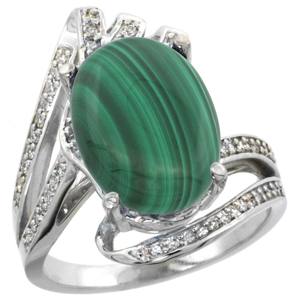 14k White Gold Stone Natural Malachite Bypass Ring Diamond Accents Oval 14x10mm, sizes 5 - 10