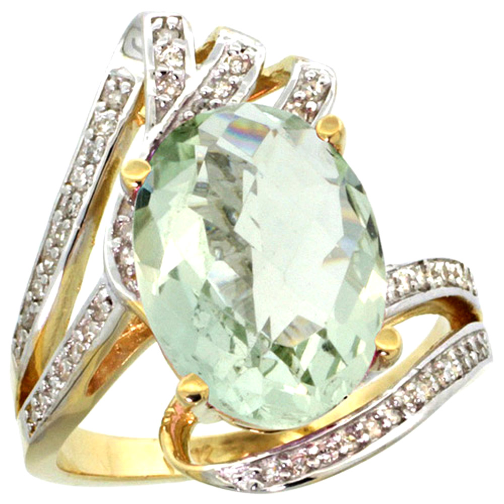 14k Yellow Gold Stone Natural Green Amethyst Bypass Ring Diamond Accents Oval 14x10mm, sizes 5 - 10