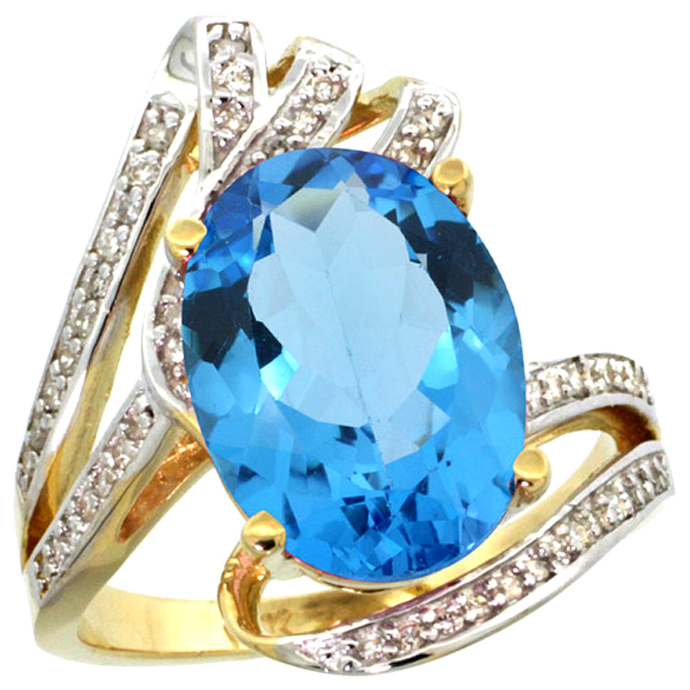 14k Yellow Gold Stone Natural Swiss Blue Topaz Bypass Ring Diamond Accents Oval 14x10mm, sizes 5 - 10