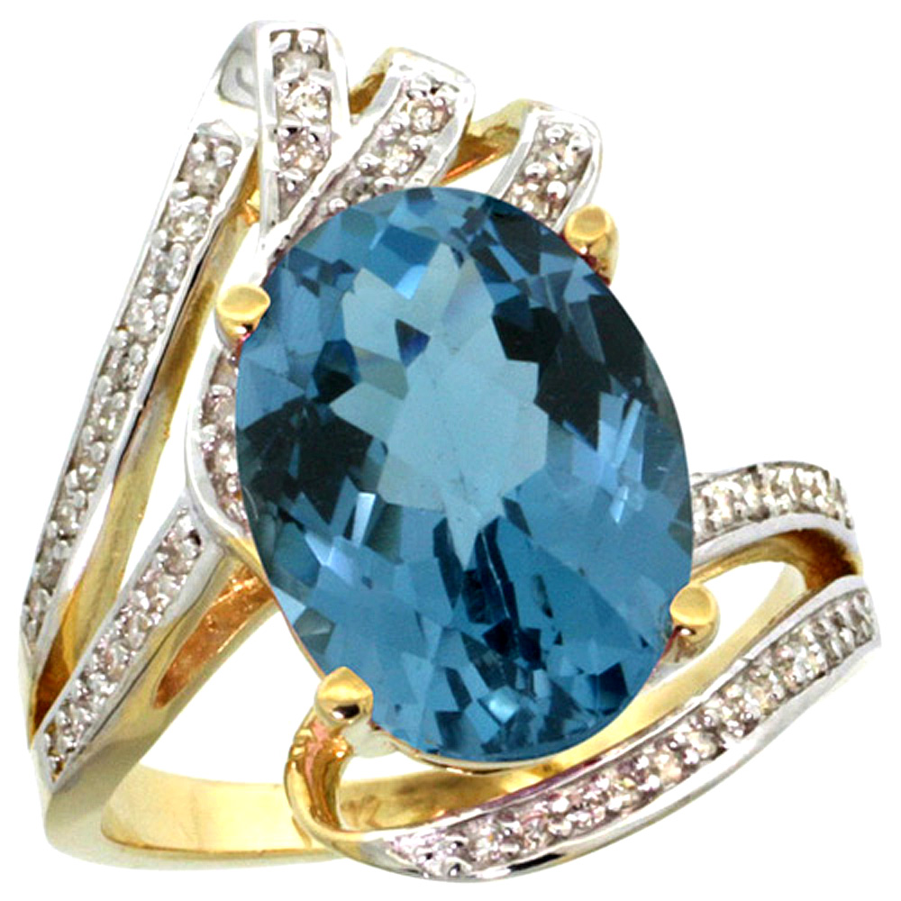 14K YELLOW GOLD STONE NATURAL LONDON BLUE TOPAZ BYPASS RING DIAMOND ACCENTS OVAL 14X10MM, SIZES 5 - 10