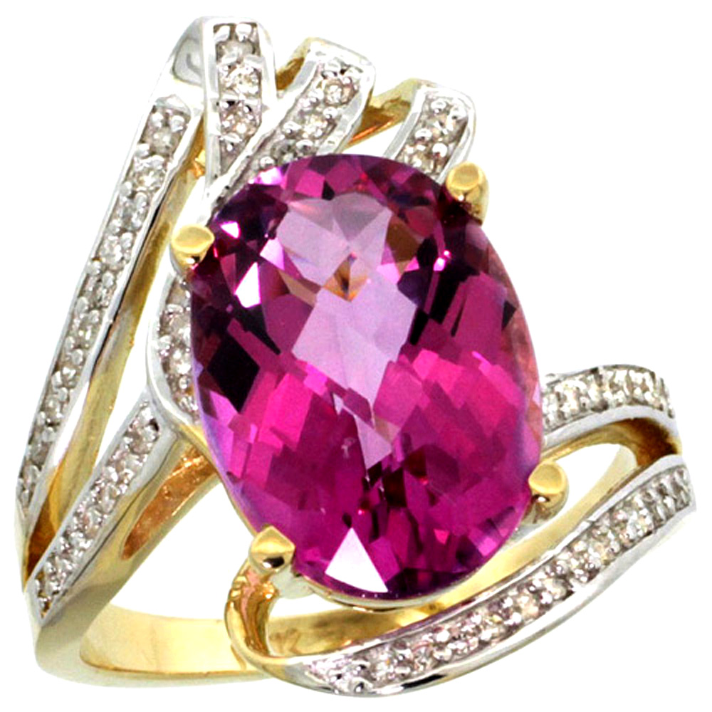 14K YELLOW GOLD STONE NATURAL PINK TOPAZ BYPASS RING DIAMOND ACCENTS OVAL 14X10MM, SIZES 5 - 10