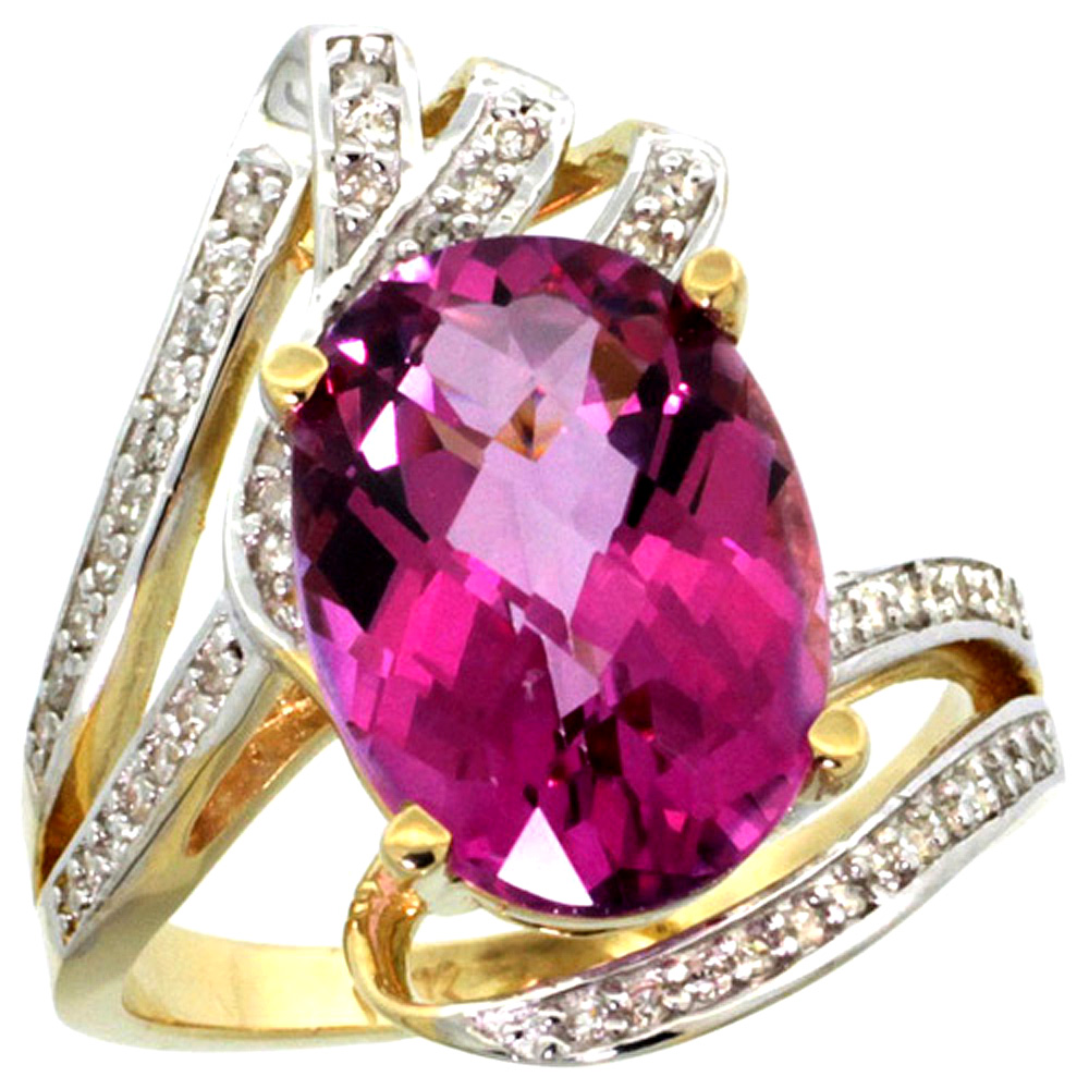 14k Yellow Gold Stone Natural Pink Topaz Bypass Ring Diamond Accents Oval 14x10mm, sizes 5 - 10