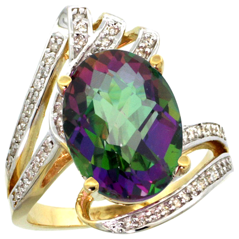 14k Yellow Gold Stone Natural Mystic Topaz Bypass Ring Diamond Accents Oval 14x10mm, sizes 5 - 10