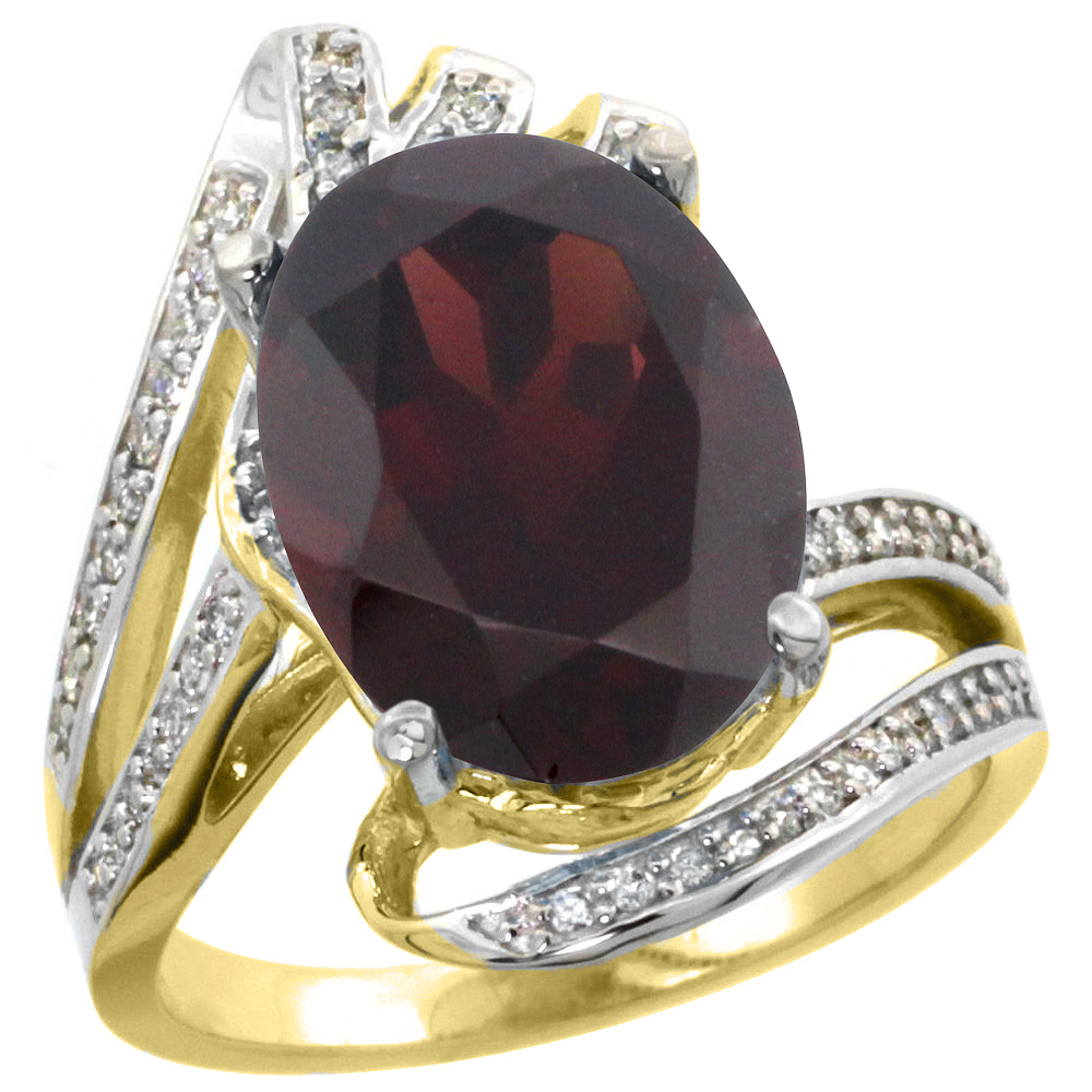 14k Yellow Gold Stone Natural Garnet Bypass Ring Diamond Accents Oval 14x10mm, sizes 5 - 10