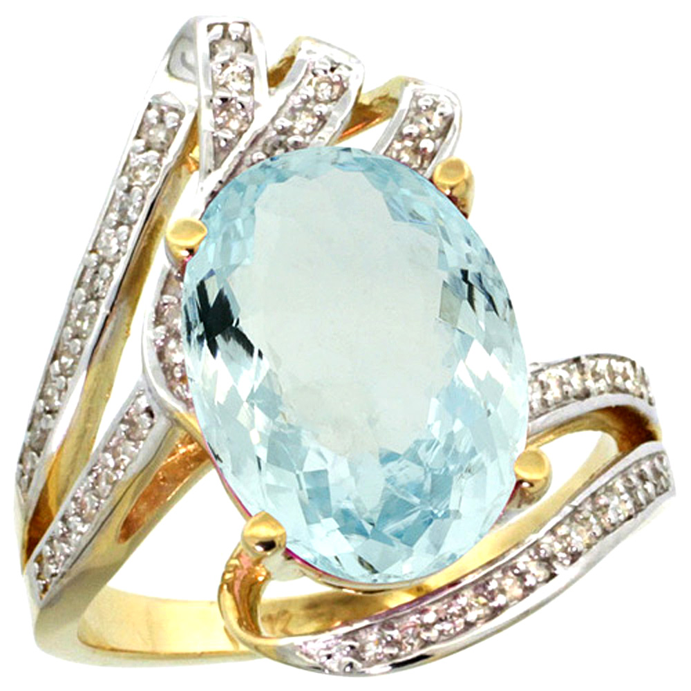 14k Yellow Gold Stone Natural Aquamarine Bypass Ring Diamond Accents Oval 14x10mm, sizes 5 - 10