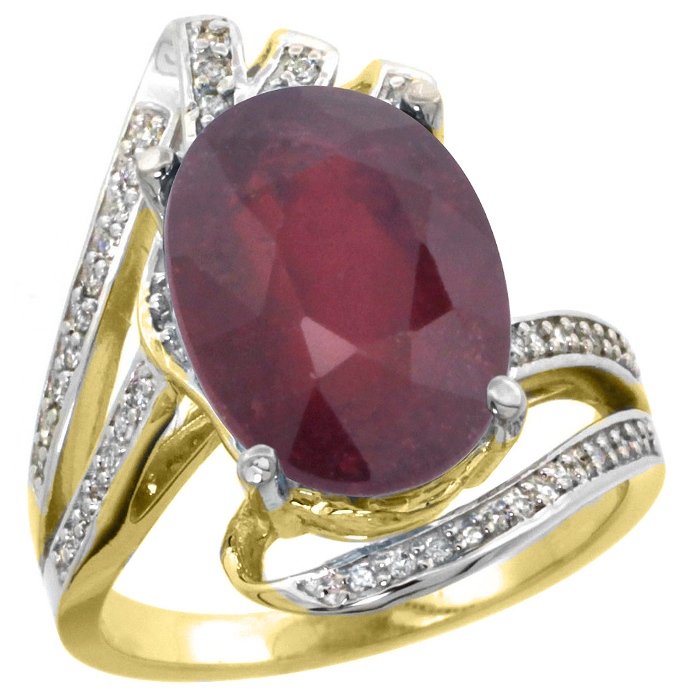 14k Yellow Gold Stone Natural Enhanced Ruby Bypass Ring Diamond Accents Oval 14x10mm, sizes 5 - 10