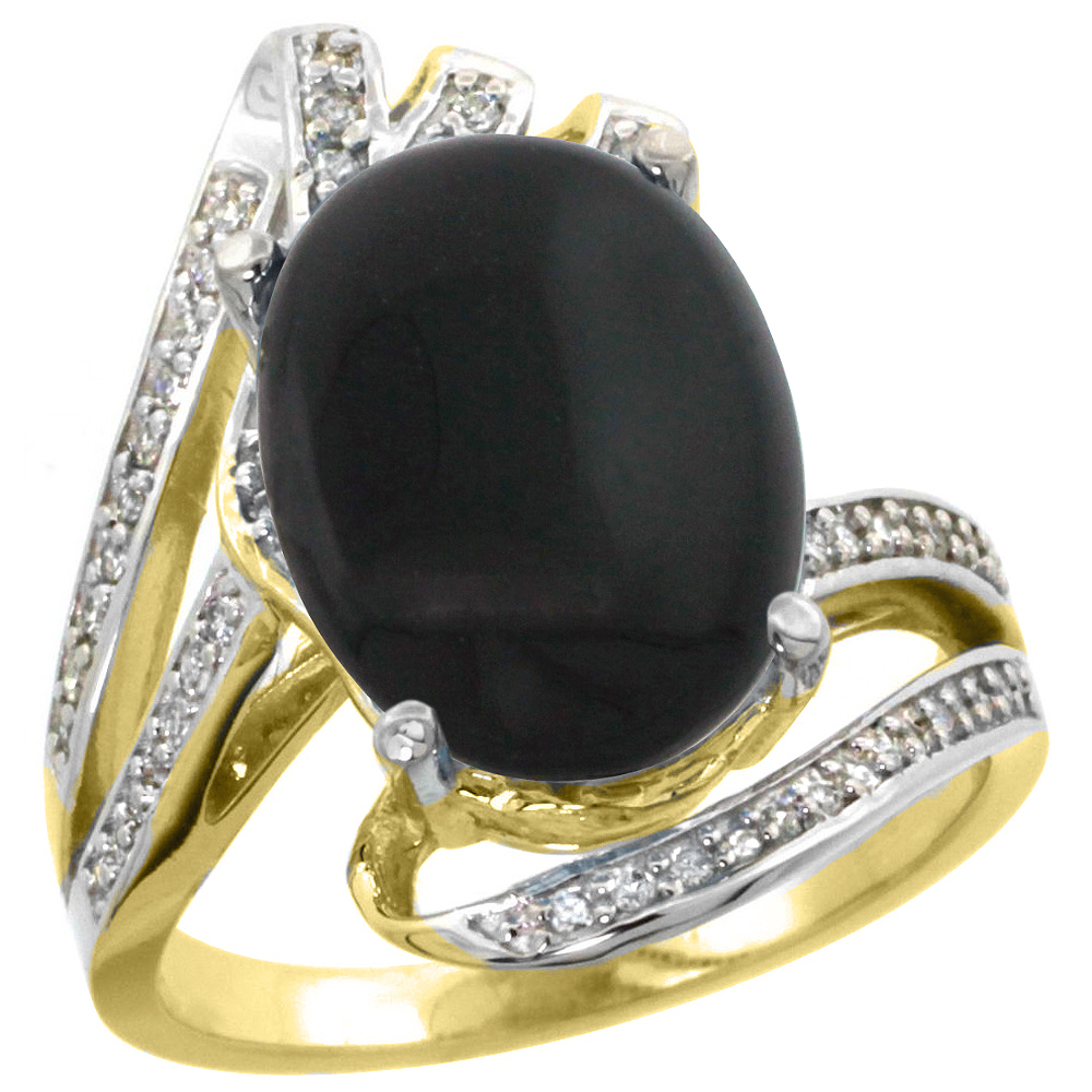 14k Yellow Gold Stone Natural Black Onyx Bypass Ring Diamond Accents Oval 14x10mm, sizes 5 - 10