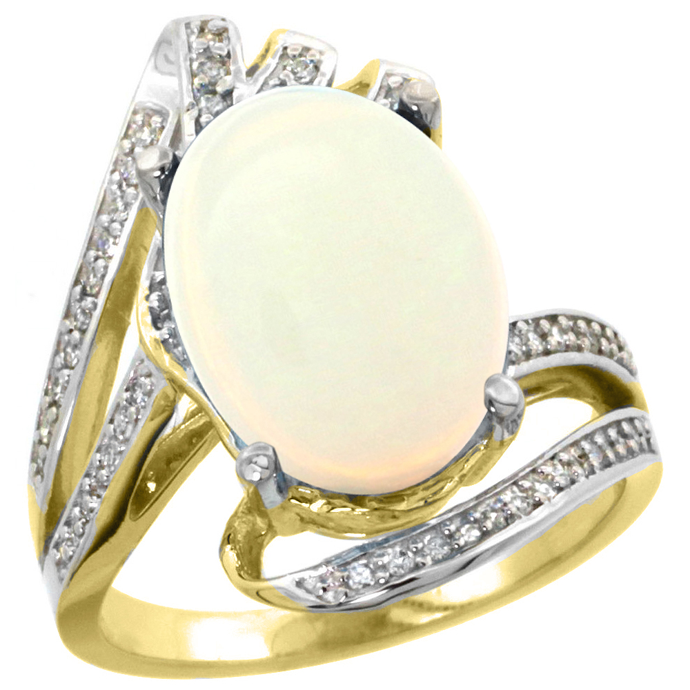 14k Yellow Gold Stone Natural Opal Bypass Ring Diamond Accents Oval 14x10mm, sizes 5 - 10