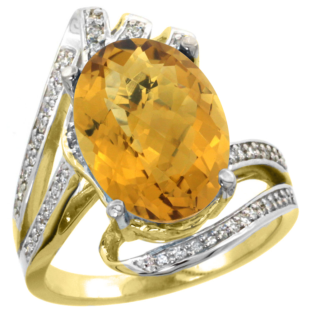 14K YELLOW GOLD STONE NATURAL WHISKY QUARTZ BYPASS RING DIAMOND ACCENTS OVAL 14X10MM, SIZES 5 - 10