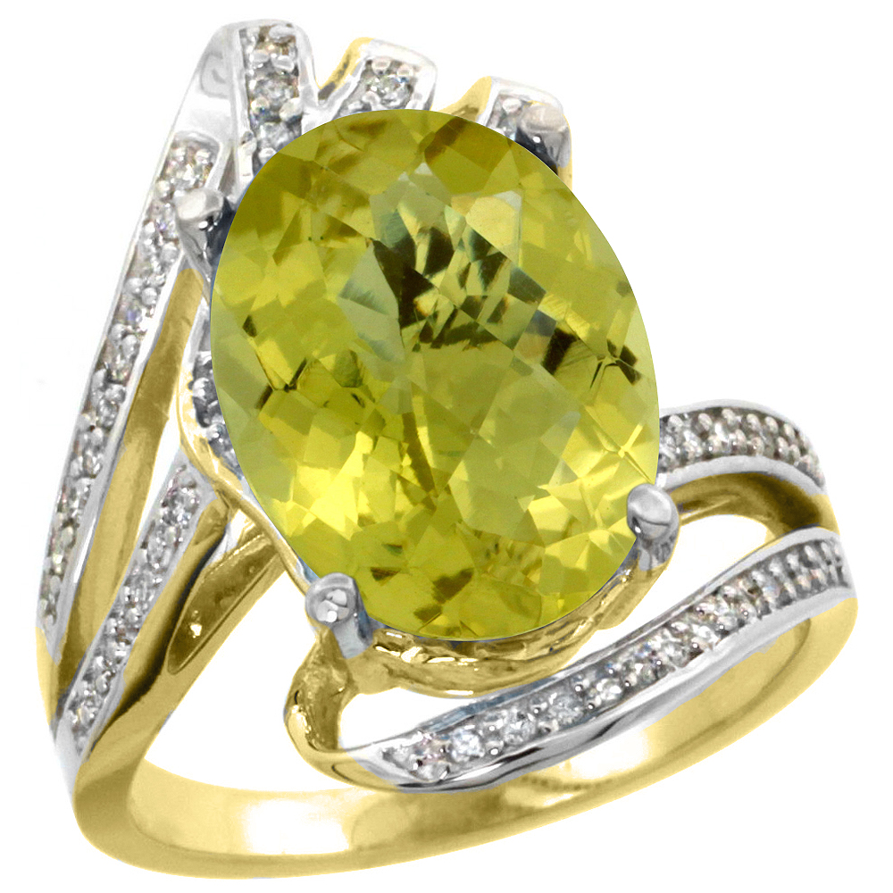 14K YELLOW GOLD STONE NATURAL LEMON QUARTZ BYPASS RING DIAMOND ACCENTS OVAL 14X10MM, SIZES 5 - 10