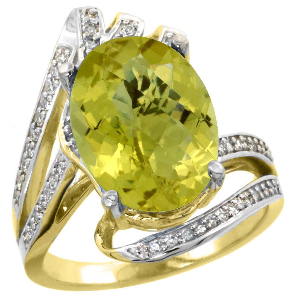 14k Yellow Gold Stone Natural Lemon Quartz Bypass Ring Diamond Accents Oval 14x10mm, sizes 5 - 10