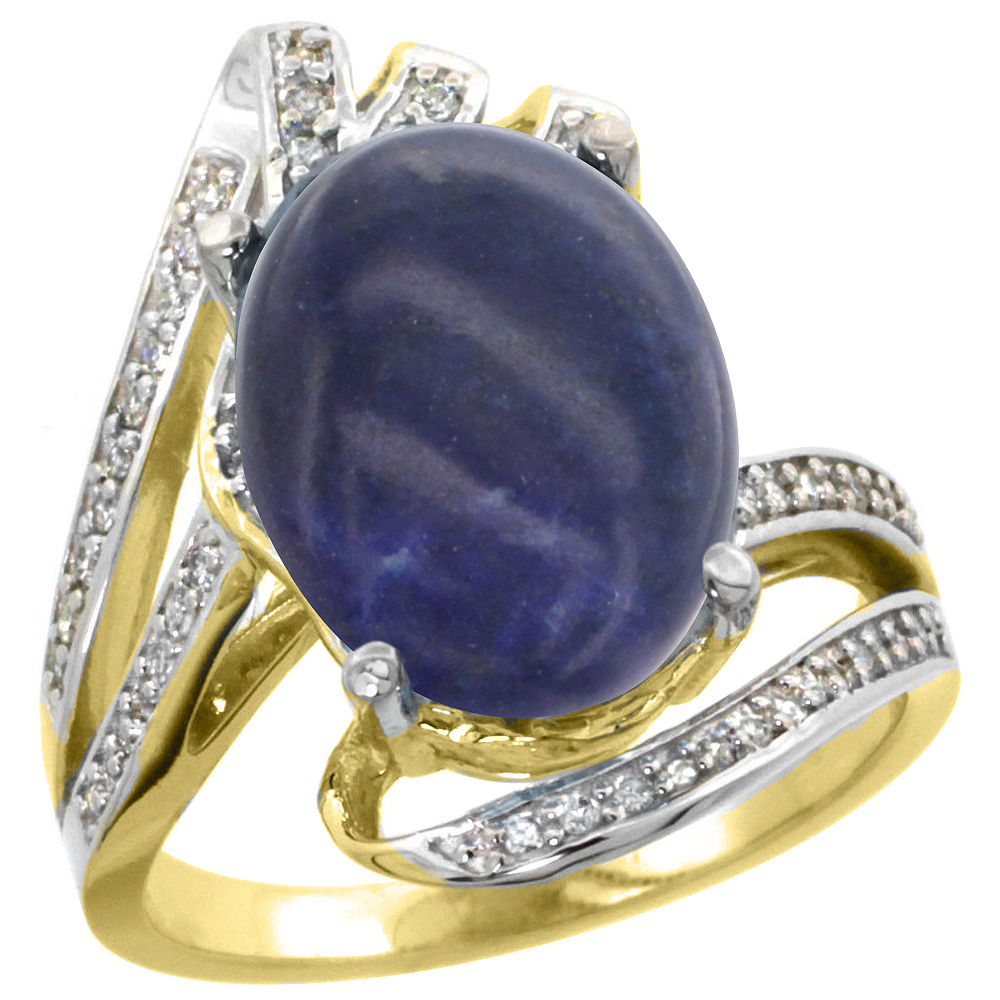 14K YELLOW GOLD STONE NATURAL LAPIS BYPASS RING DIAMOND ACCENTS OVAL 14X10MM, SIZES 5 - 10