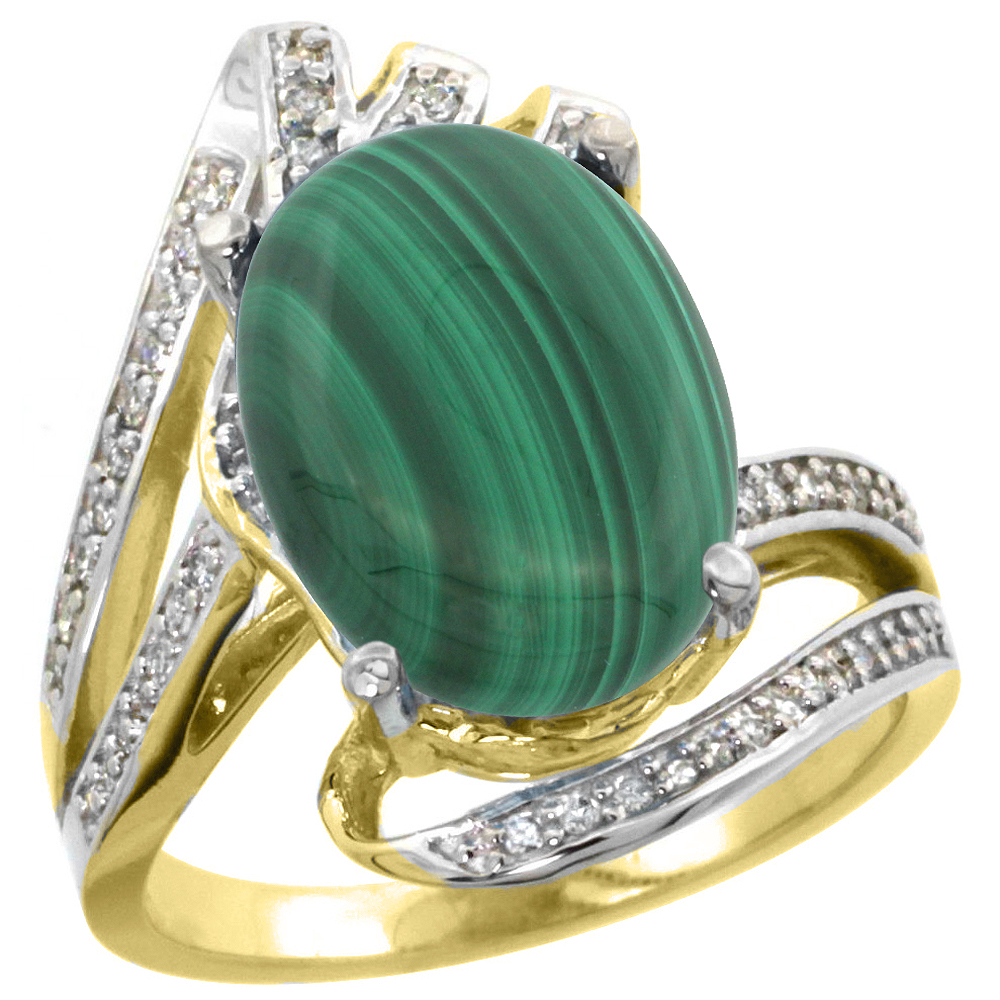 14K YELLOW GOLD STONE NATURAL MALACHITE BYPASS RING DIAMOND ACCENTS OVAL 14X10MM, SIZES 5 - 10