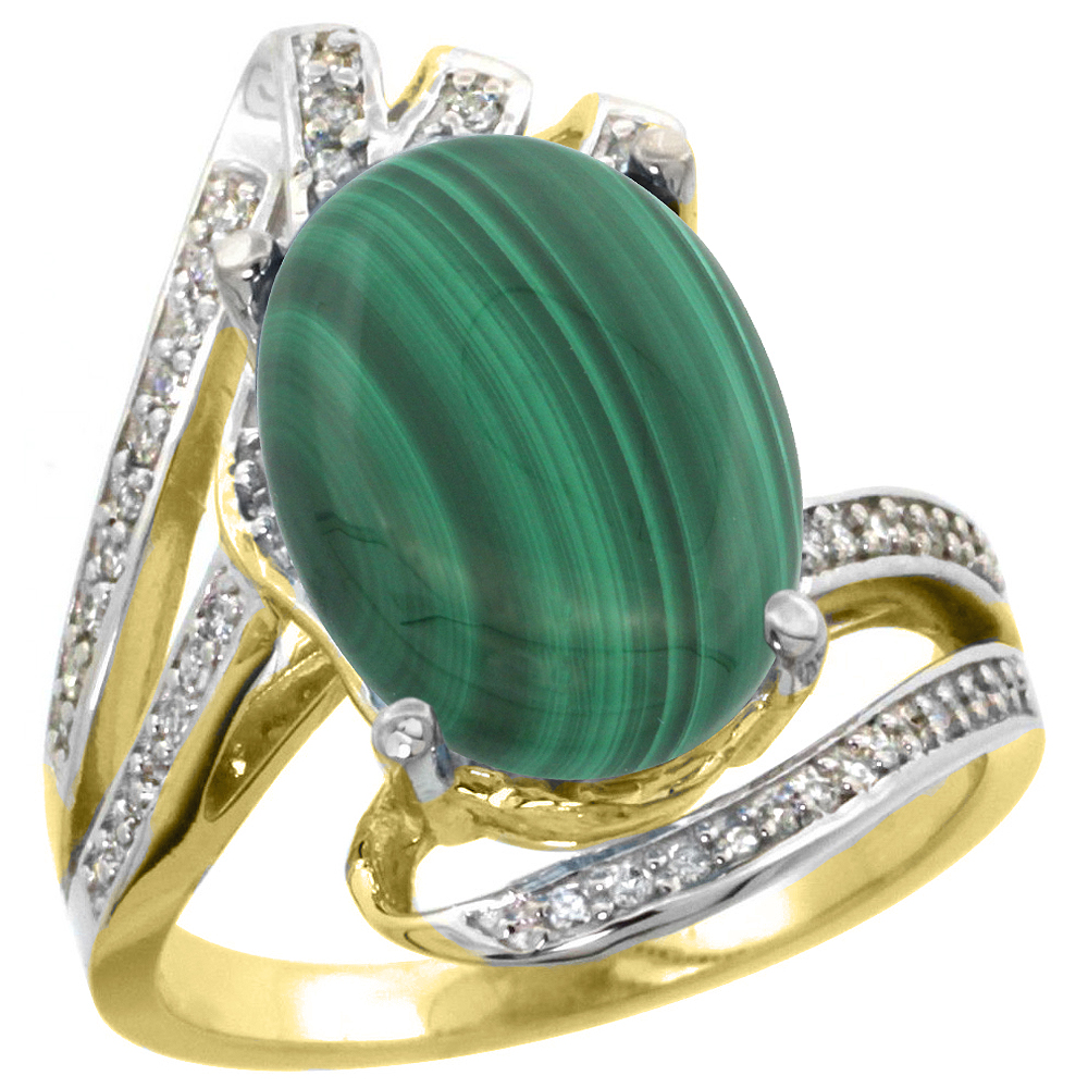 14k Yellow Gold Stone Natural Malachite Bypass Ring Diamond Accents Oval 14x10mm, sizes 5 - 10