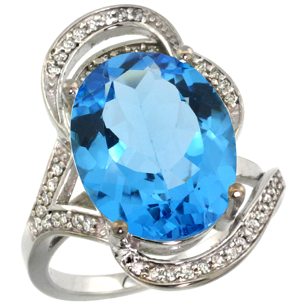 14K WHITE GOLD NATURAL SWISS BLUE TOPAZ RING DIAMOND ACCENT OVAL 16X12MM, SIZES 5 - 10