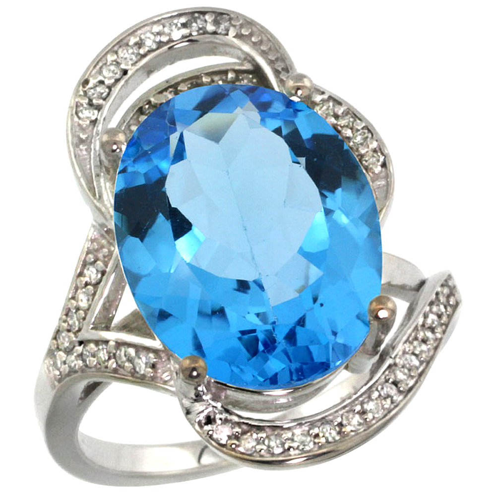 14k White Gold Natural Swiss Blue Topaz Ring Diamond Accent Oval 16x12mm, sizes 5 - 10