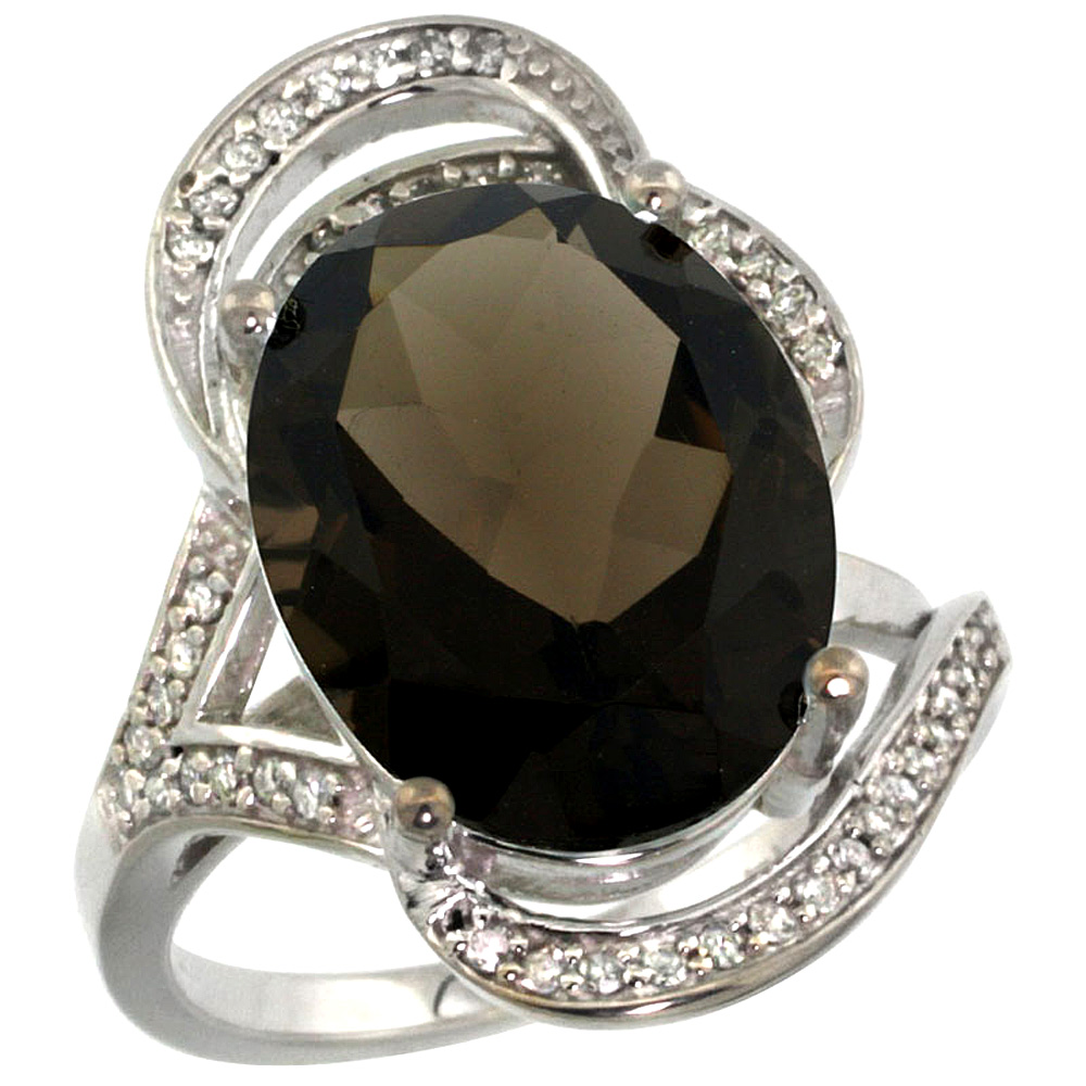 14k White Gold Natural Smoky Topaz Ring Diamond Accent Oval 16x12mm, sizes 5 - 10