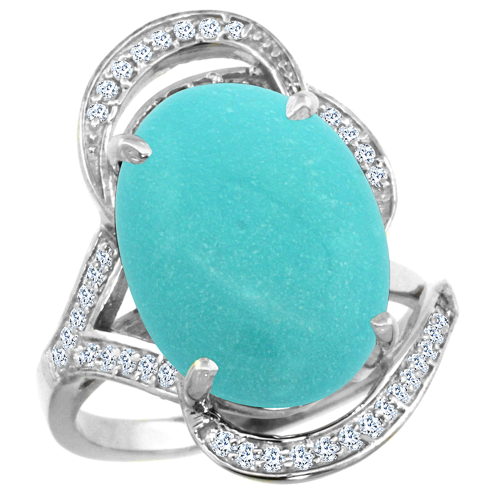 14k White Gold Natural Turquoise Ring Diamond Accent Oval 16x12mm, sizes 5 - 10