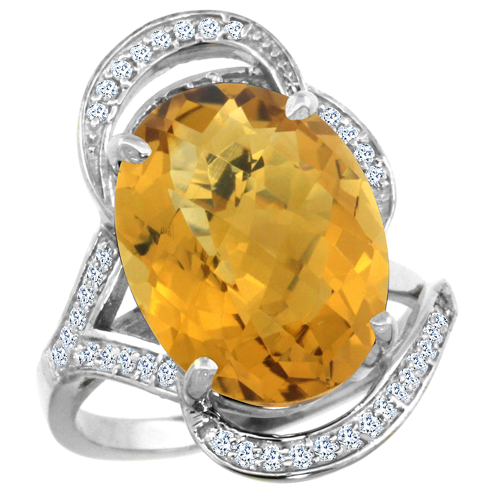 14K WHITE GOLD NATURAL WHISKY QUARTZ RING DIAMOND ACCENT OVAL 16X12MM, SIZES 5 - 10