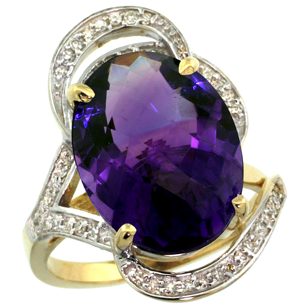 14K YELLOW GOLD NATURAL AMETHYST RING DIAMOND ACCENT OVAL 16X12MM, SIZES 5 - 10