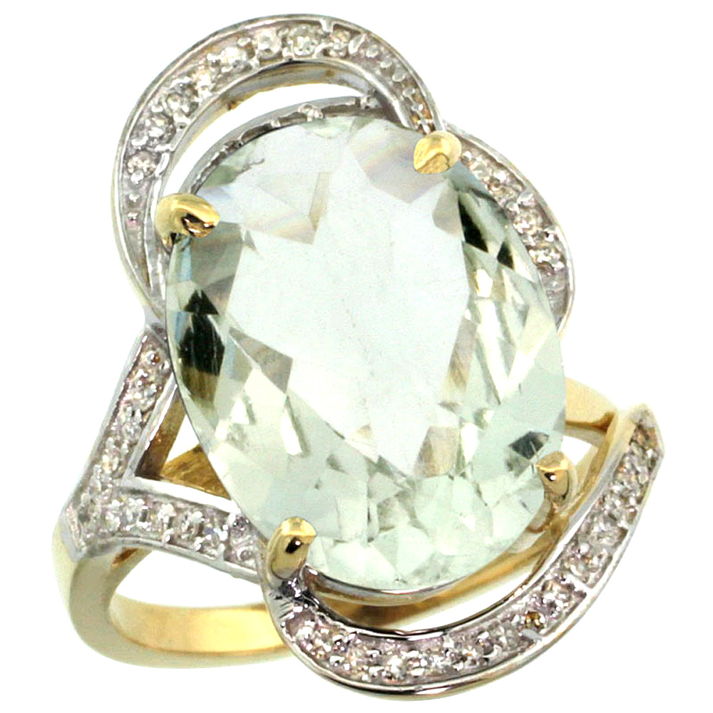 14k Yellow Gold Natural Green Amethyst Ring Diamond Accent Oval 16x12mm, sizes 5 - 10