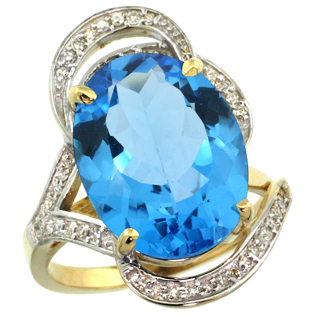 14K YELLOW GOLD NATURAL SWISS BLUE TOPAZ RING DIAMOND ACCENT OVAL 16X12MM, SIZES 5 - 10
