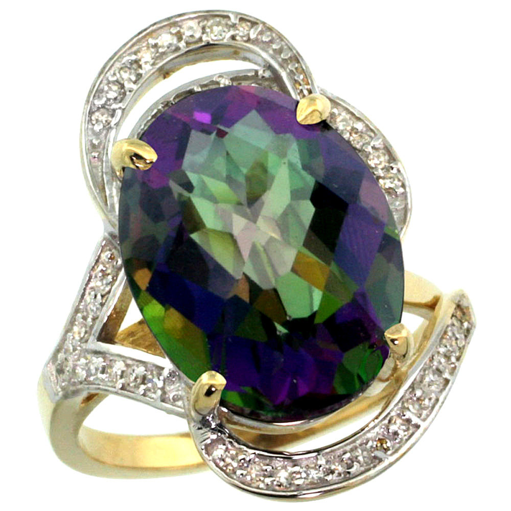 14k Yellow Gold Natural Mystic Topaz Ring Diamond Accent Oval 16x12mm, sizes 5 - 10
