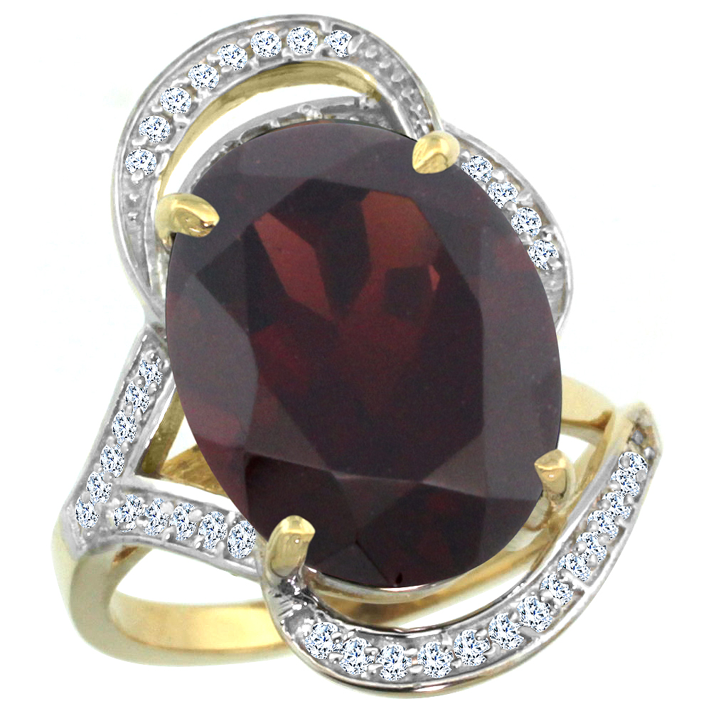 14k Yellow Gold Natural Garnet Ring Diamond Accent Oval 16x12mm, sizes 5 - 10