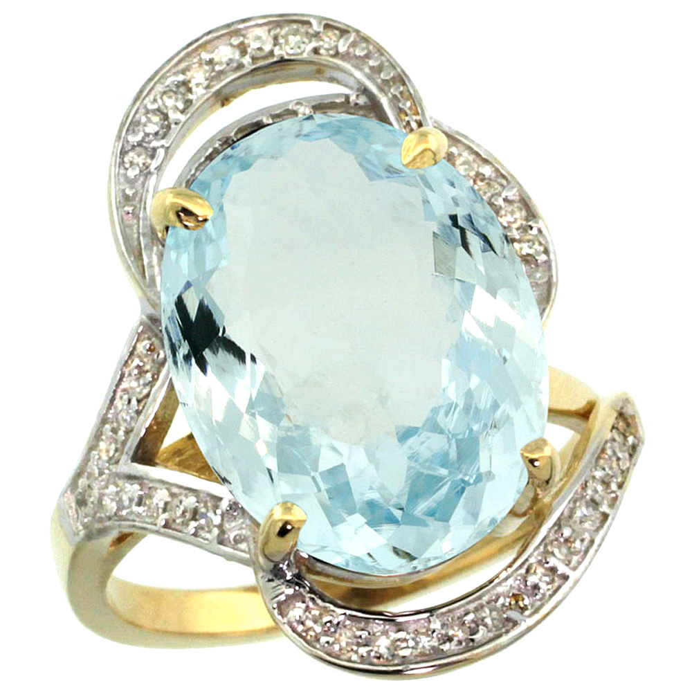 14K YELLOW GOLD NATURAL AQUAMARINE RING DIAMOND ACCENT OVAL 16X12MM, SIZES 5 - 10