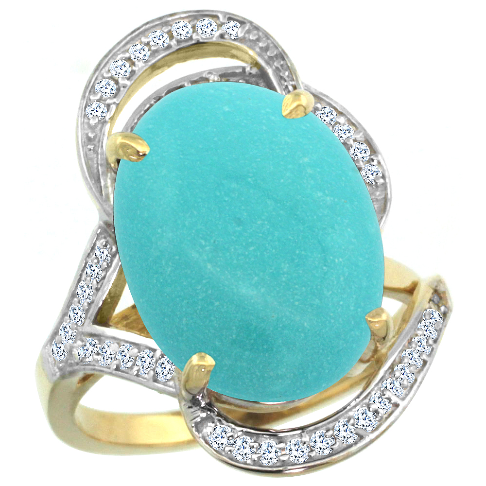 14K YELLOW GOLD NATURAL TURQUOISE RING DIAMOND ACCENT OVAL 16X12MM, SIZES 5 - 10