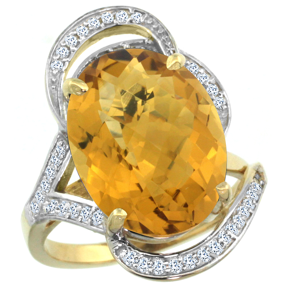 14k Yellow Gold Natural Whisky Quartz Ring Diamond Accent Oval 16x12mm, sizes 5 - 10