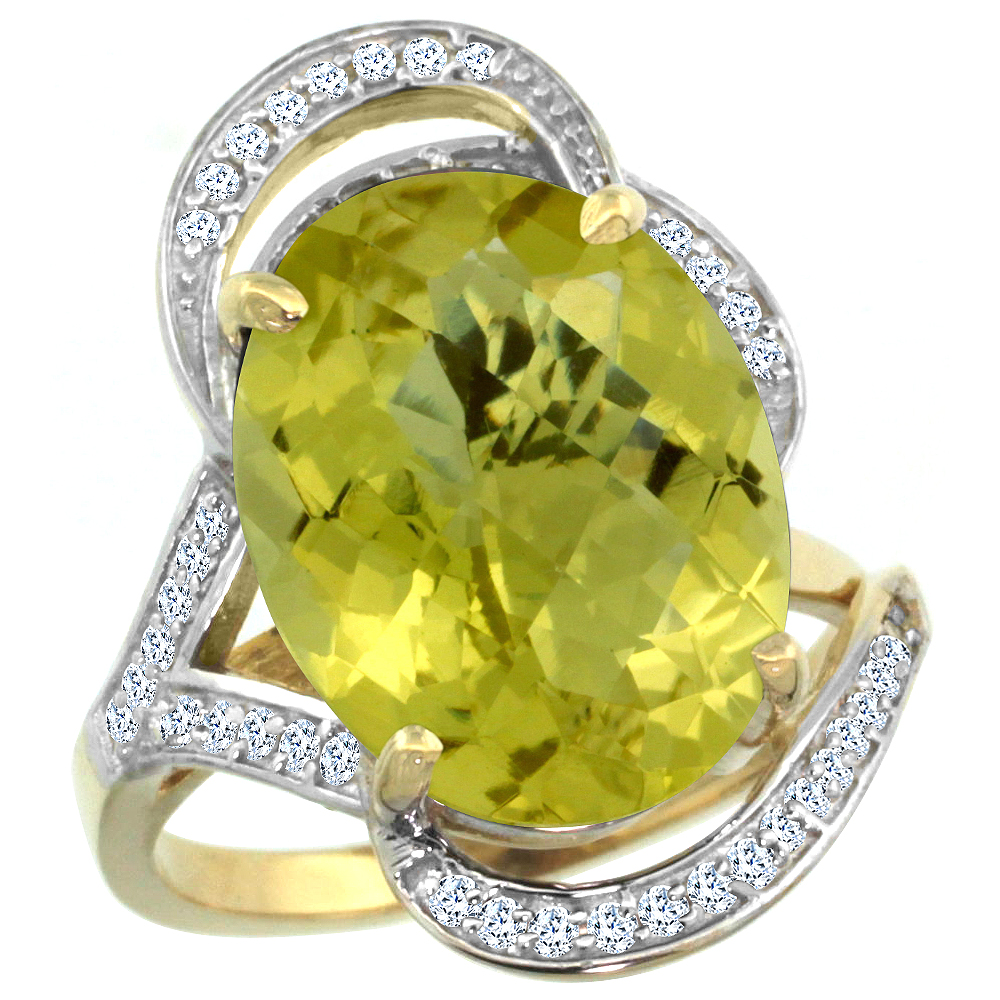 14k Yellow Gold Natural Lemon Quartz Ring Diamond Accent Oval 16x12mm, sizes 5 - 10