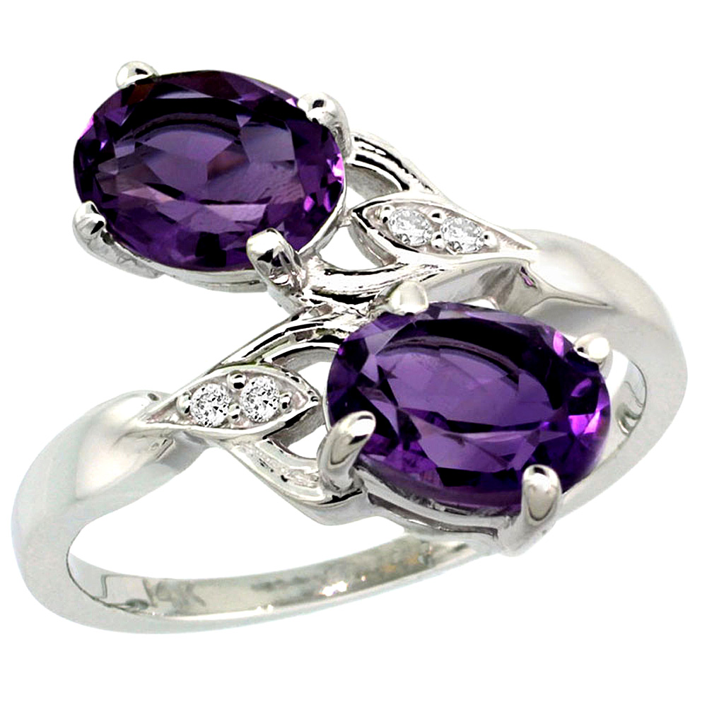 10K White Gold Diamond Natural Amethyst 2-stone Ring Oval 8x6mm, sizes 5 - 10
