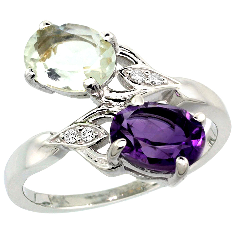 14K WHITE GOLD DIAMOND NATURAL PURPLE & GREEN AMETHYST 2-STONE RING OVAL 8X6MM, SIZES 5 - 10