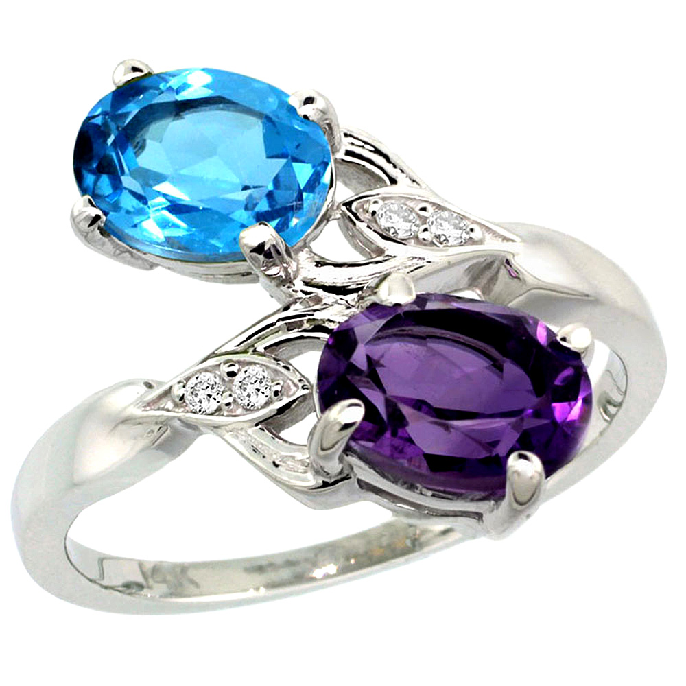 14K WHITE GOLD DIAMOND NATURAL AMETHYST & SWISS BLUE TOPAZ 2-STONE RING OVAL 8X6MM, SIZES 5 - 10