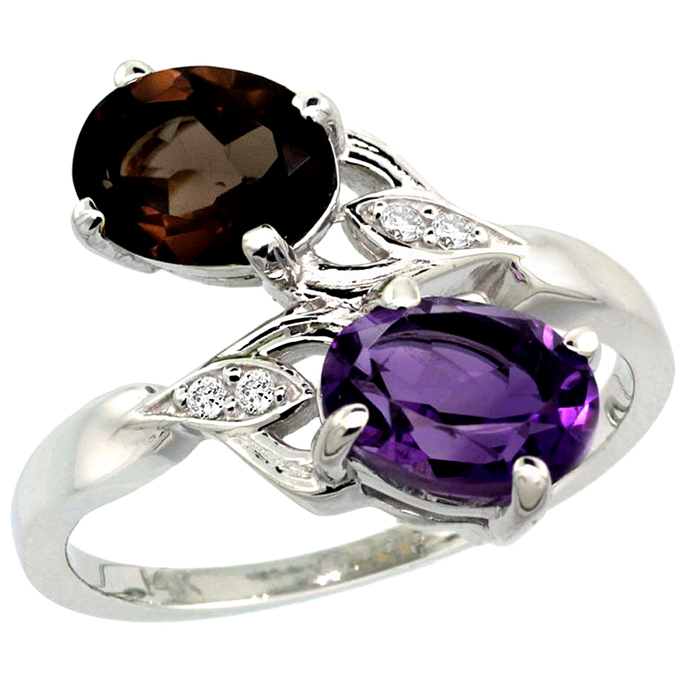 14K WHITE GOLD DIAMOND NATURAL AMETHYST & SMOKY TOPAZ 2-STONE RING OVAL 8X6MM, SIZES 5 - 10