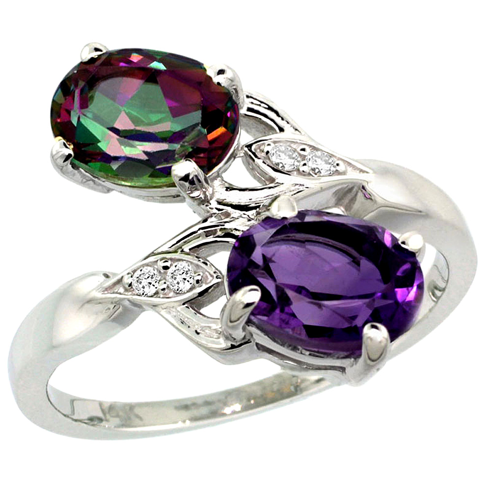 14K WHITE GOLD DIAMOND NATURAL AMETHYST & MYSTIC TOPAZ 2-STONE RING OVAL 8X6MM, SIZES 5 - 10