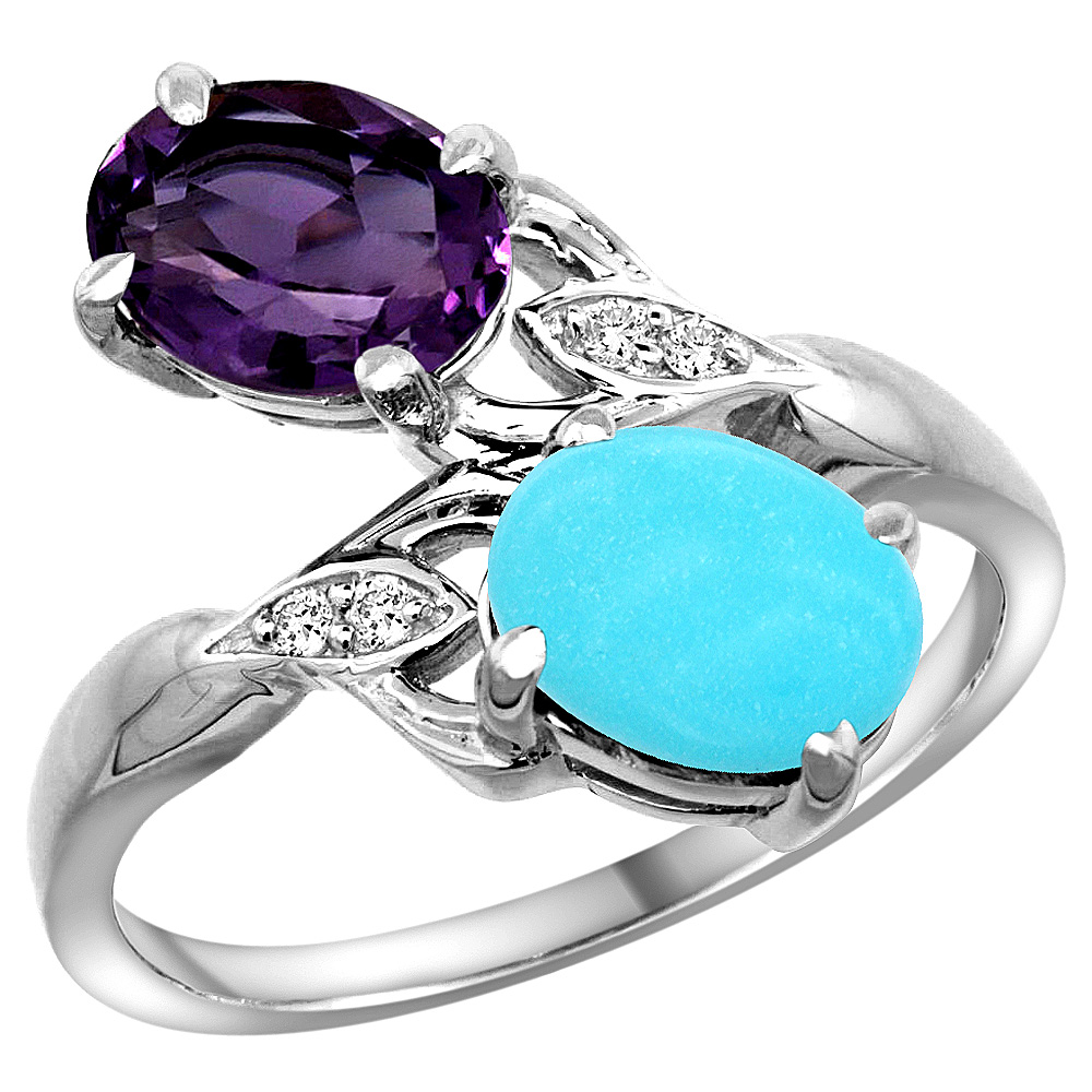 10K WHITE GOLD DIAMOND NATURAL AMETHYST & TURQUOISE 2-STONE RING OVAL 8X6MM, SIZES 5 - 10