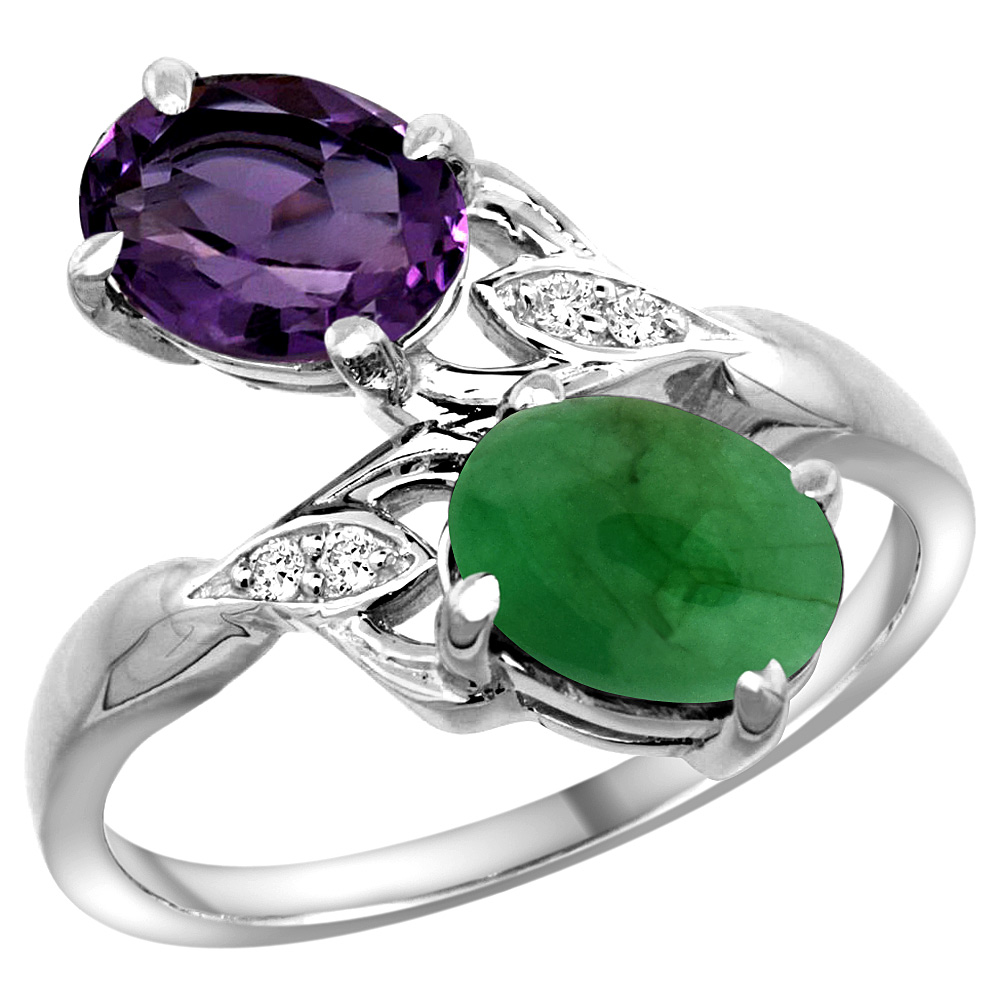 14K WHITE GOLD DIAMOND NATURAL AMETHYST & CABOCHON EMERALD 2-STONE RING OVAL 8X6MM, SIZES 5 - 10