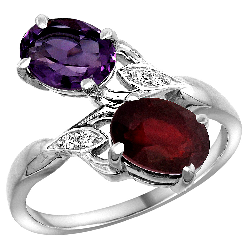 10K White Gold Diamond Natural Amethyst &amp; Quality Ruby 2-stone Mothers Ring Oval 8x6mm, sizes 5 - 10